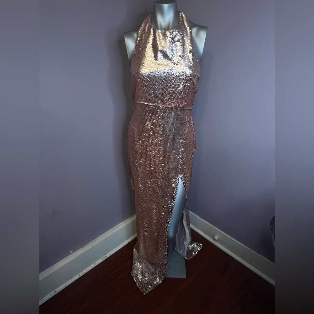 Hello Molly Rose Gold Sequin Halter High-Low Gown